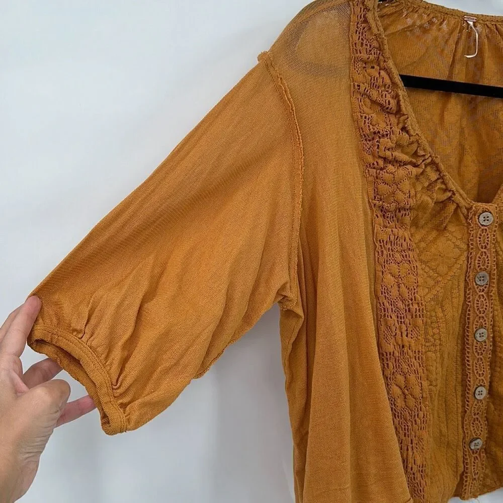 Free People Womens Rust Orange Button-Up Lace Trim Mae Top Size Medium